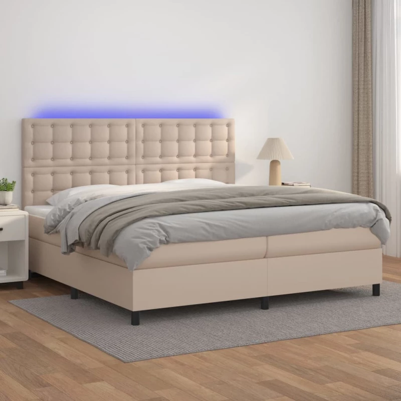 Κρεβάτι Boxspring Στρώμα&LED Καπουτσίνο 200x200 εκ. Συνθ. Δέρμα Καφέ 3135968