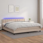 Κρεβάτι Boxspring Στρώμα&LED Καπουτσίνο 200x200 εκ. Συνθ. Δέρμα Καφέ 3134248