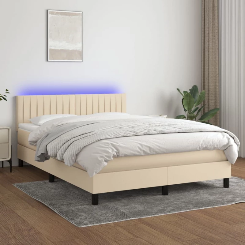 Κρεβάτι Boxspring με Στρώμα & LED Κρεμ 140x190 εκ. Υφασμάτινο Κρεμ 3133314