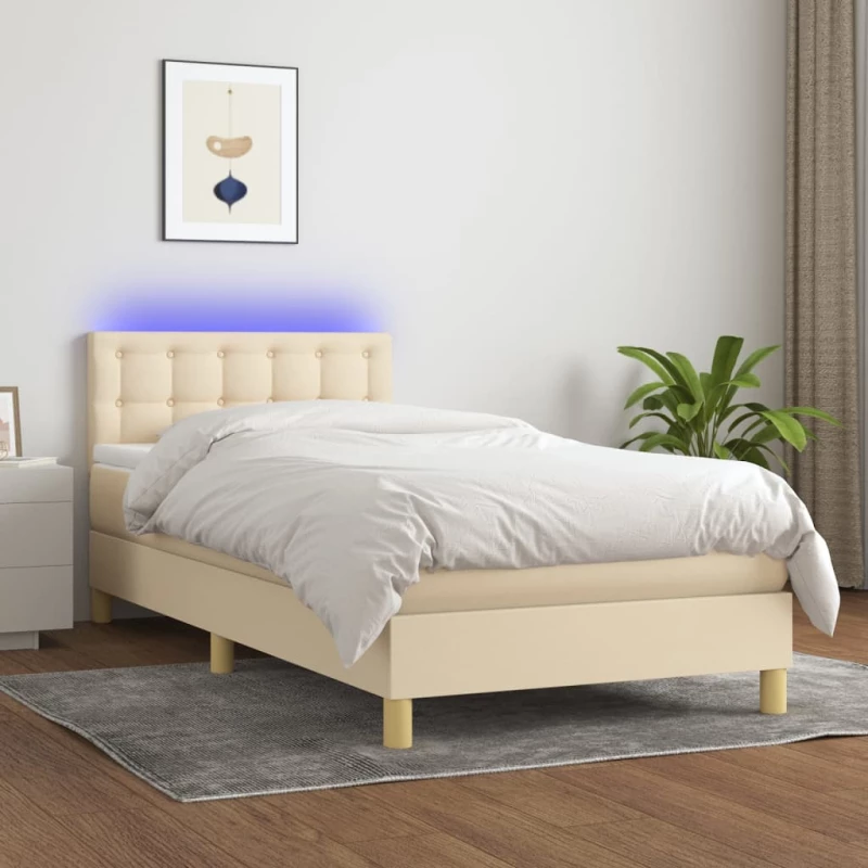 Κρεβάτι Boxspring με Στρώμα & LED Κρεμ 100x200 εκ. Υφασμάτινο Κρεμ 3134018