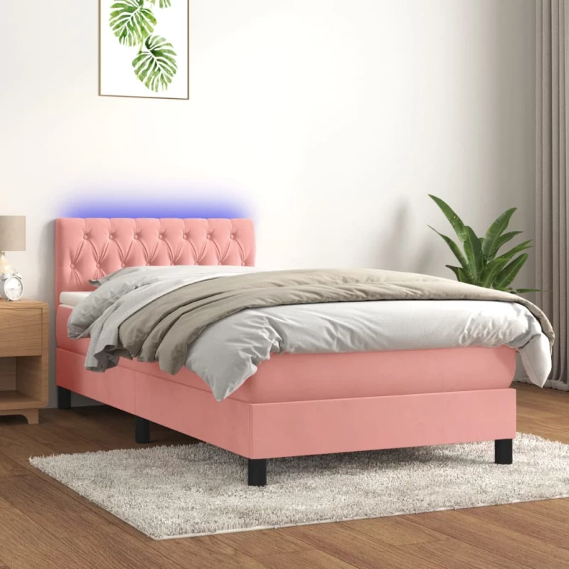 Κρεβάτι Boxspring με Στρώμα & LED Ροζ 90x200 εκ. Βελούδινο Ροζ 3134566