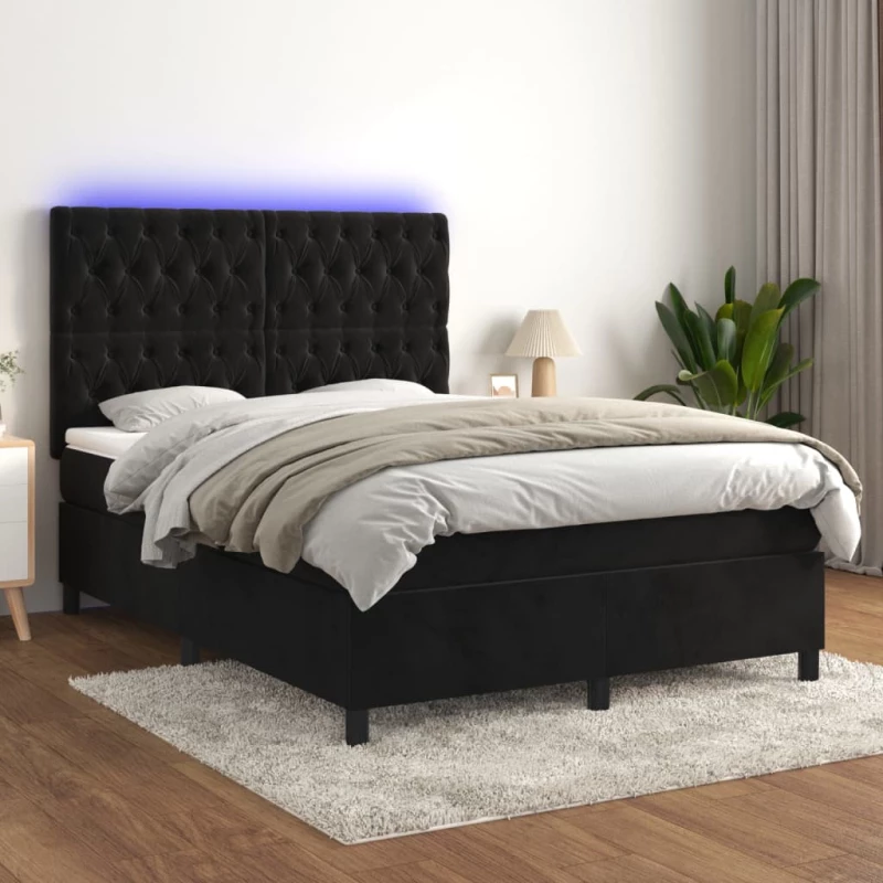 Κρεβάτι Boxspring με Στρώμα & LED Μαύρο 140x190 εκ. Βελούδινο Μαύρο 3136301