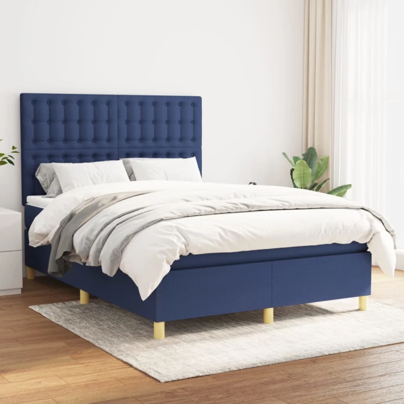 Κρεβάτι Boxspring με Στρώμα Μπλε 140x190 εκ. Υφασμάτινο Μπλε 3142655