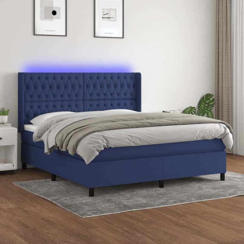 Κρεβάτι Boxspring με Στρώμα & LED Μπλε 160x200 εκ. Υφασμάτινο Μπλε 3138571