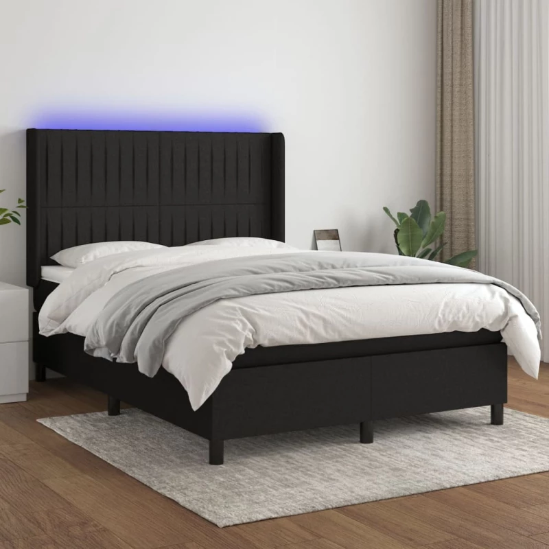 Κρεβάτι Boxspring με Στρώμα & LED Μαύρο 140x190 εκ. Υφασμάτινο Μαύρο 3138471