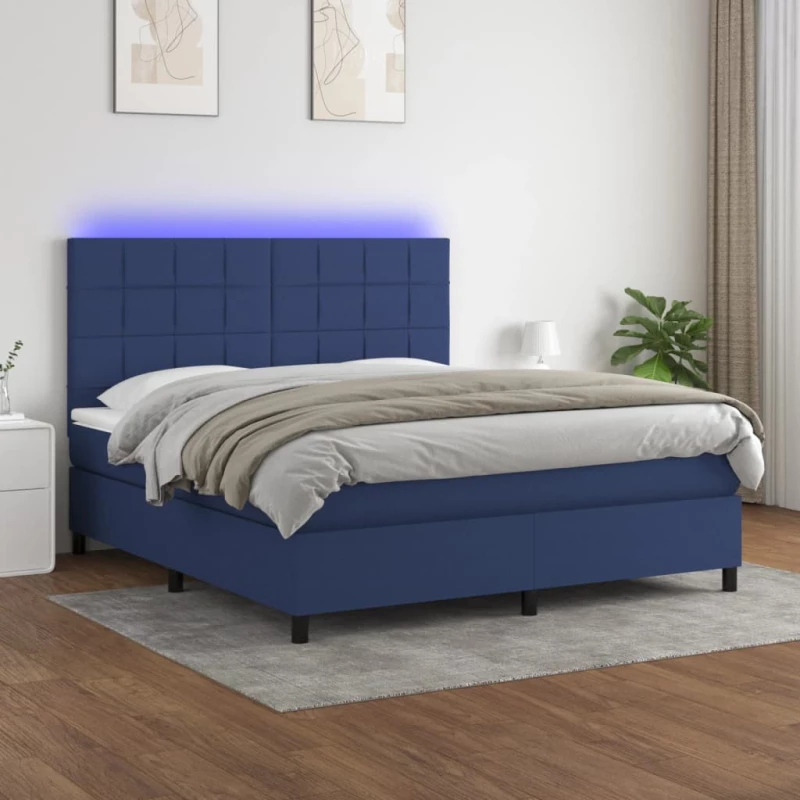 Κρεβάτι Boxspring με Στρώμα & LED Μπλε 160x200 εκ. Υφασμάτινο Μπλε 3134891