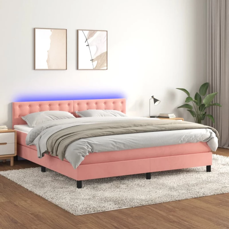 Κρεβάτι Boxspring με Στρώμα & LED Ροζ 160x200 εκ. Βελούδινο Ροζ 3134656