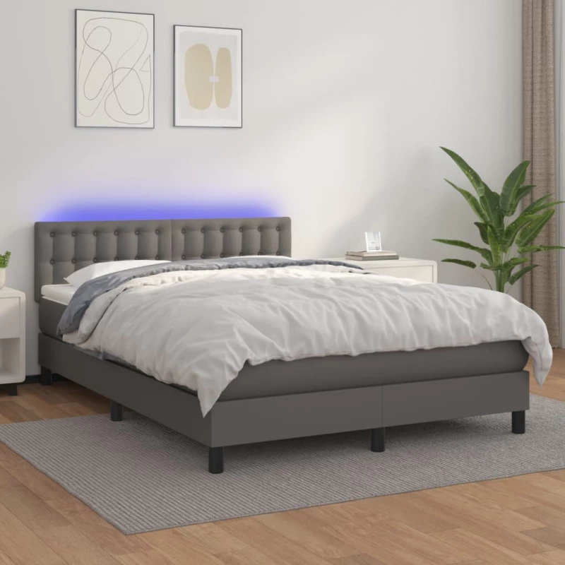 Κρεβάτι Boxspring με Στρώμα & LED Γκρι 140x190 εκ. Συνθ. Δέρμα Γκρι 3134223