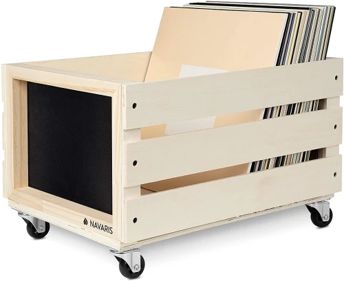 Navaris Wooden Record Box with Chalkboard - Ξύλινο Κουτί Αποθήκευσης με Ροδάκια και Μαυροπίνακα για Δίσκους Βινυλίου / LP - Light Brown (53026.02.24)
