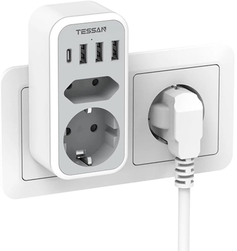 TESSAN 6 IN 1 WALL SOCKET 1xSCHUKO, 1xEU SOCKET ,3xUSB, 1xTYPE-C