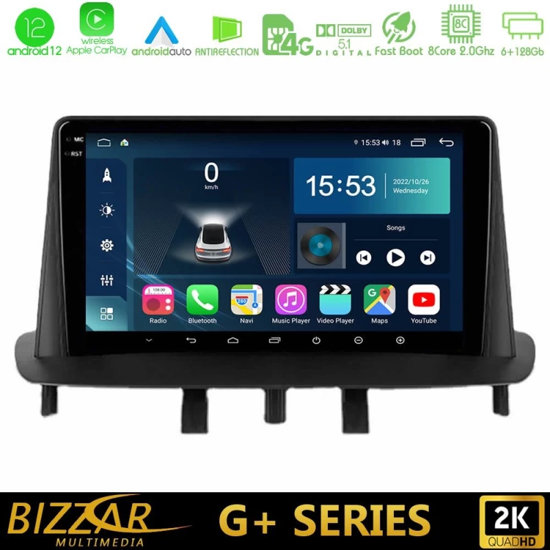 Bizzar G+ Series Renault Megane 3 2009-2013 8Core Android12 6+128GB Navigation Multimedia Tablet 9" U-G-RN0718