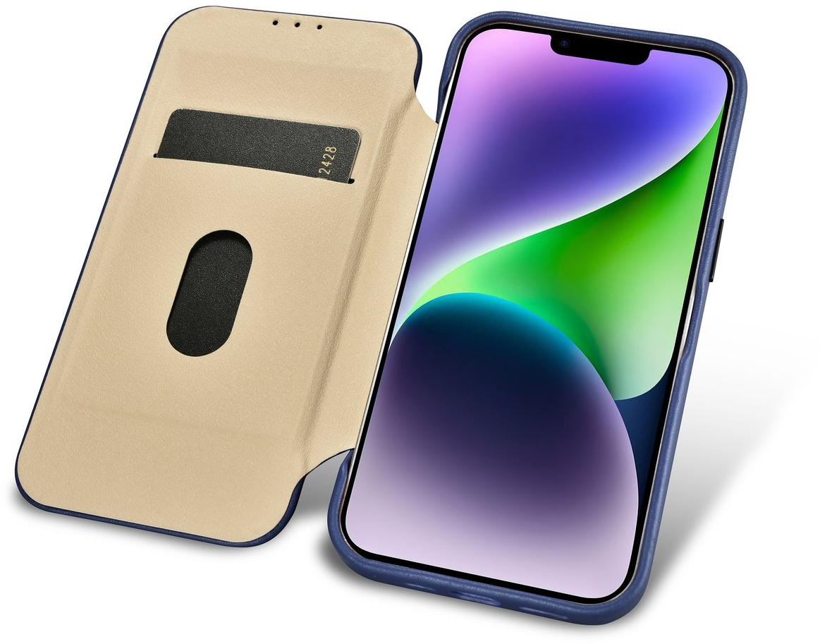 iCarer CE Premium Leather Folio Case iPhone 14 Plus Magnetic Flip Leather Folio Case MagSafe Blue (WMI14220715-BU)