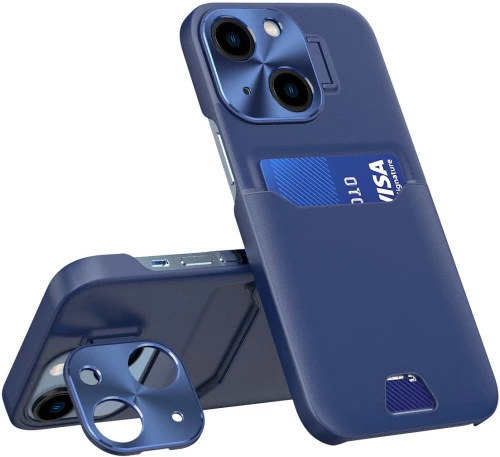 Leather Stand Case for iPhone 14 cover card wallet with stand blue