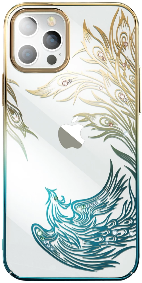 Luxury iPhone 14 Case with Kingxbar Phoenix Crystals - Gold and Blue
