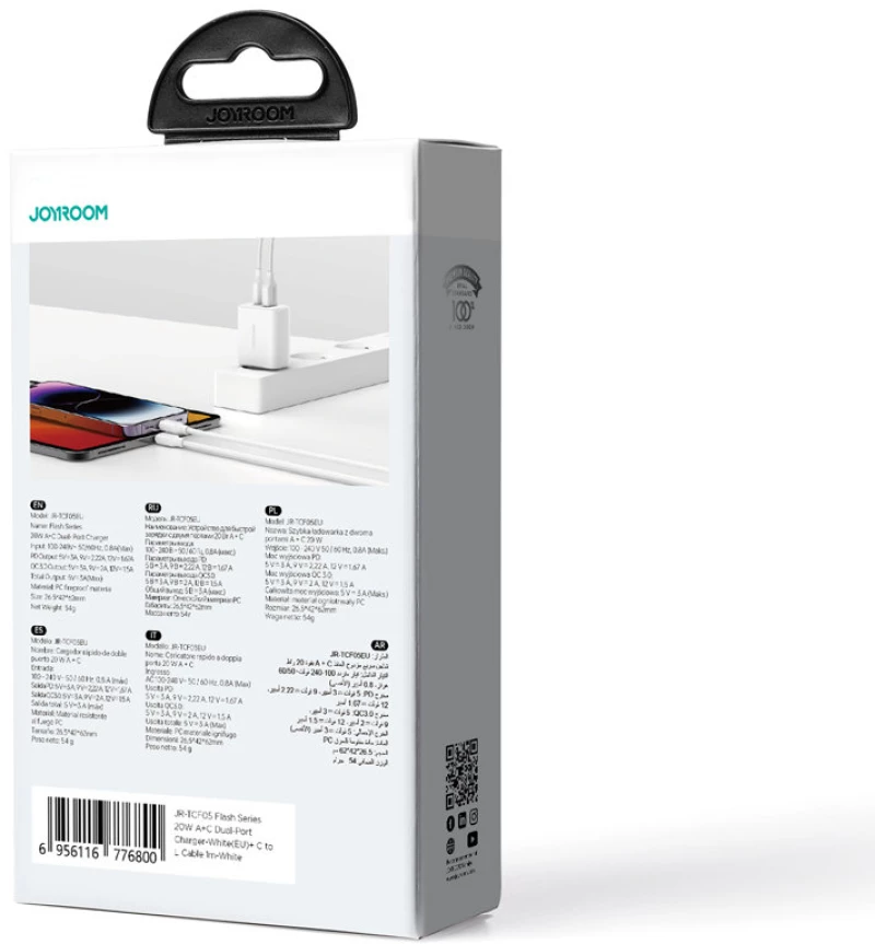 Joyroom JR-TCF05 20W USB-C / USB-A Fast Dual Port Wall Charger - White + USB-C - Lightning 1m