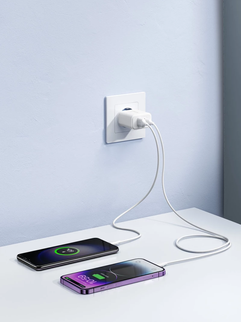 Joyroom JR-TCF05 20W USB-C / USB-A Fast Dual Port Wall Charger - White + USB-C - Lightning 1m