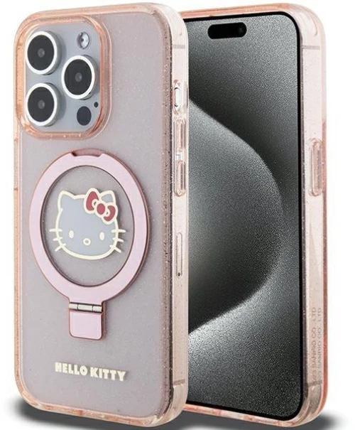 Hello Kitty Ring Stand Glitter Electrop Logo MagSafe Case for iPhone 15 Pro - Pink