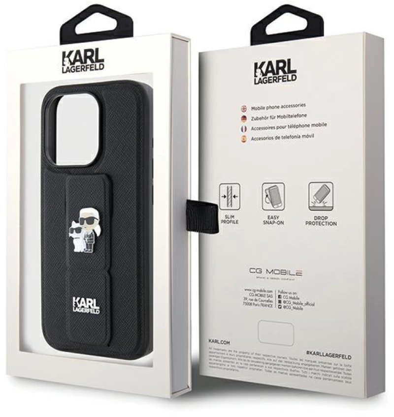 Karl Lagerfeld Gripstand Saffiano Karl&Choupette Pins case for iPhone 13 Pro / 13 - black