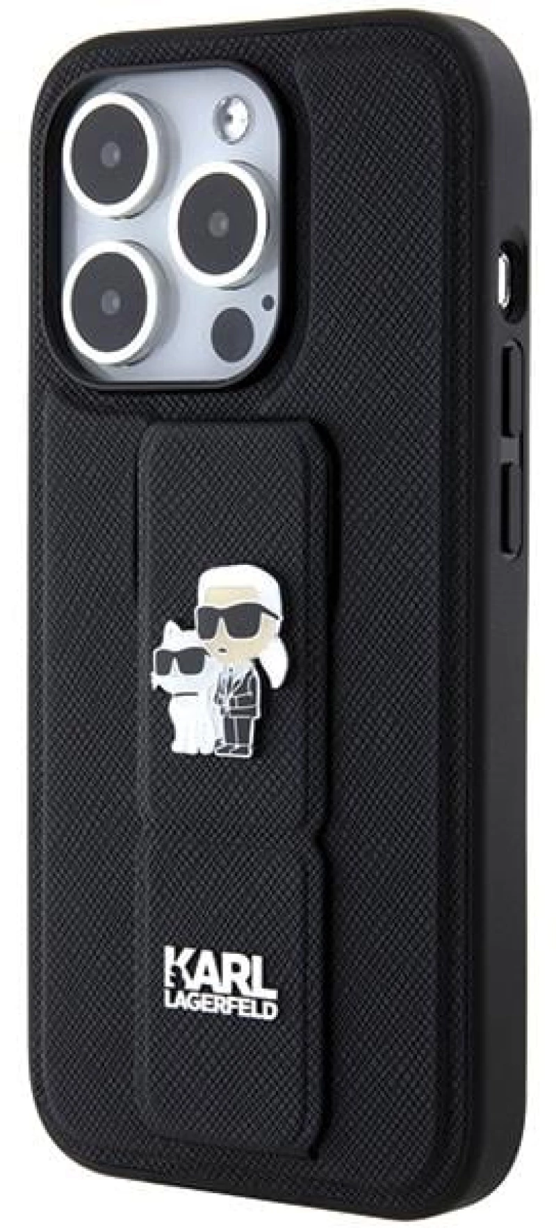 Karl Lagerfeld Gripstand Saffiano Karl&Choupette Pins case for iPhone 14 Pro - black