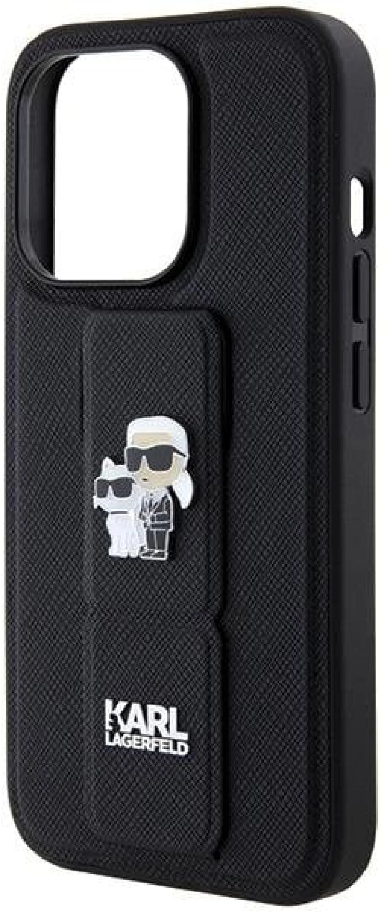 Karl Lagerfeld Gripstand Saffiano Karl&Choupette Pins case for iPhone 14 Pro - black