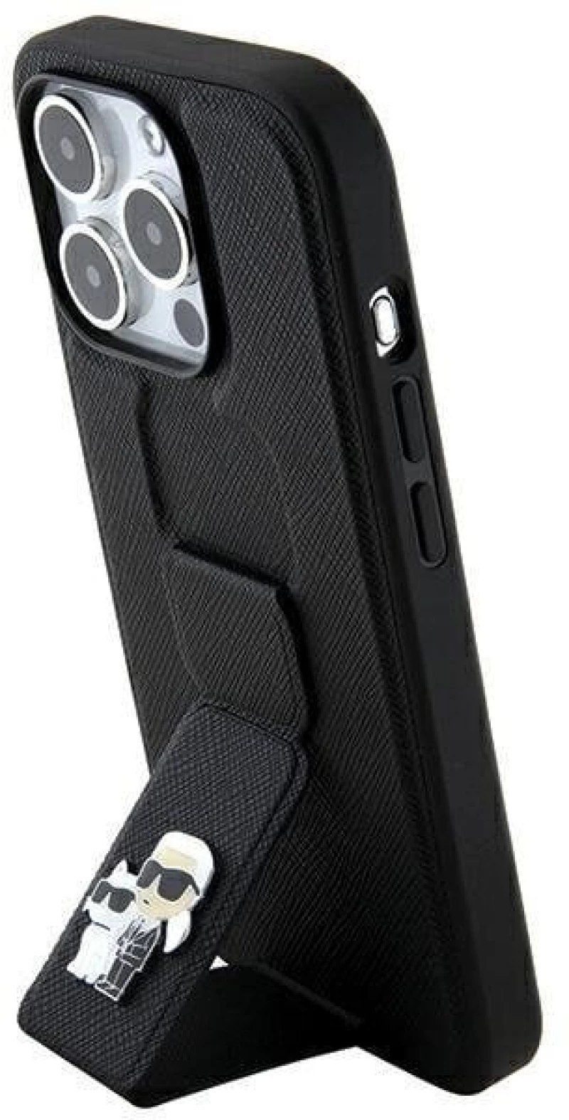 Karl Lagerfeld Gripstand Saffiano Karl&Choupette Pins case for iPhone 14 Pro - black