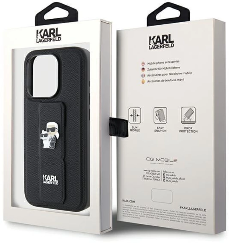Karl Lagerfeld Gripstand Saffiano Karl&Choupette Pins case for iPhone 14 Pro - black