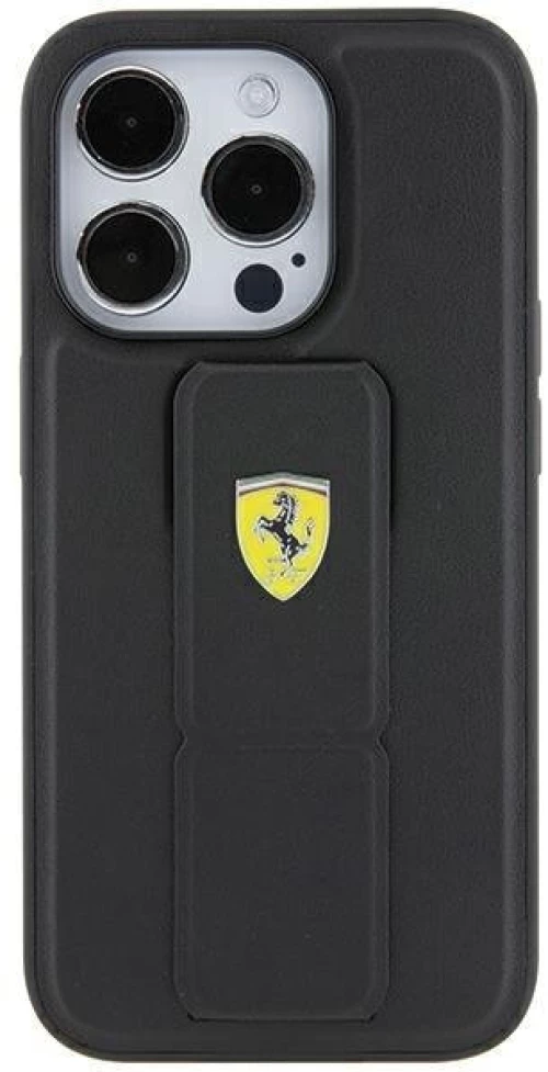 Ferrari Grip Stand Metal Logo case for iPhone 15 - black
