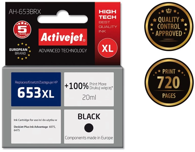 Activejet AH-653BRX Ink for HP printers; Replacement HP 653XL 3YM75AE; Premium; 720 pages; black