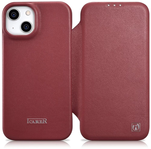 iCarer CE Premium Leather Folio Case iPhone 14 Plus Magnetic Flip Leather Folio Case MagSafe Red (WMI14220715-RD)