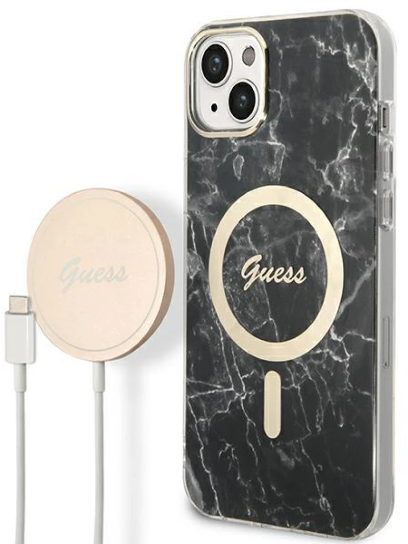 Set Guess GUBPP14SHMEACSK Case+ Charger iPhone 14 6.1" black/black hard case Marble MagSafe