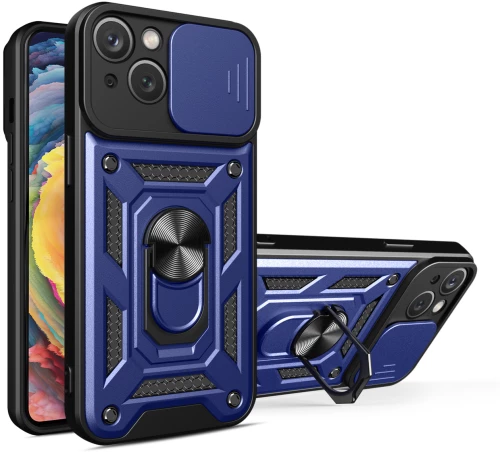 Hybrid Armor Camshield Case with Stand and Camera Cover for iPhone 15 Plus - Blue