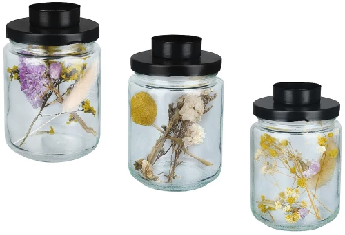 Δοχείο ArteLibre Με Αποξηραμένα Φυτά Και Βιδωτό Καπάκι Με Θήκη Ρεσώ Διάφανο/Μαύρο Γυαλί/Μέταλλο 12.5cm Σε 3 Σχέδια