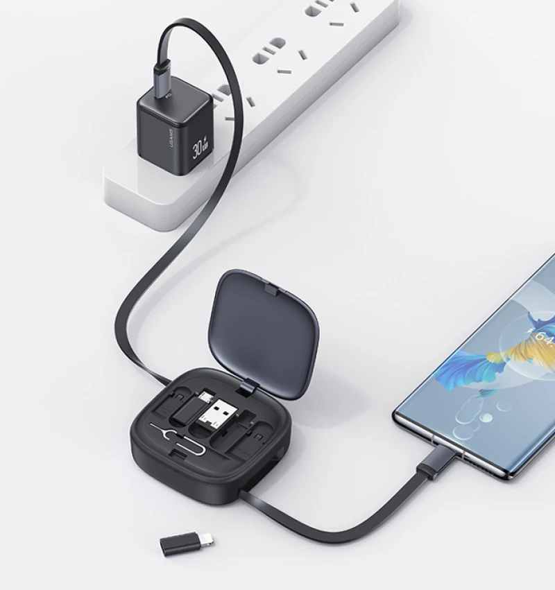USAMS καλώδιο USB-C με 3x αντάπτορες & θήκη US-SJ650, 60W, 1m, μαύρο