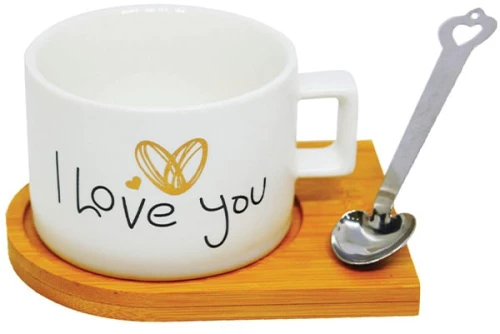 Κεραμική Κούπα 220ml με Φυσικό Ξύλινο Πιατάκι - Σουβέρ, Ανοξείδωτο Κουτάλι και Μήνυμα I Love You με Χρυσή Καρδιά 8.2 x 5.6cm