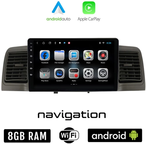 TOYOTA COROLLA (2000 - 2007) Android οθόνη αυτοκίνητου 8GB + 128GB με GPS WI-FI με αεραγωγούς (ηχοσύστημα αφής 9" ιντσών OEM Android Auto Apple Carplay Youtube Playstore MP3 USB Radio Bluetooth Mirrorlink εργοστασιακή AUX 4x60W)