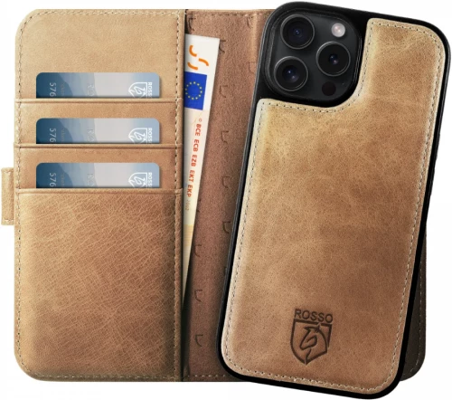 Rosso Elite - MagSafe Δερμάτινη Θήκη / Πορτοφόλι - Apple iPhone 15 Pro Max - Light Brown (8719246420054)