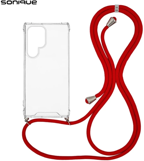 Θήκη Σιλικόνης με Κορδόνι Sonique Armor Clear Samsung Galaxy S24 Ultra Κόκκινο