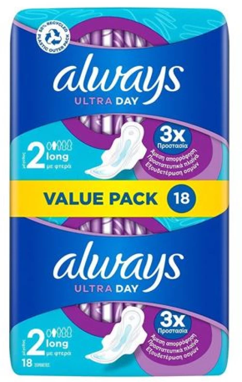Always Ultra Day με Φτερά Μέγεθος 2, 18 σερβιέτες