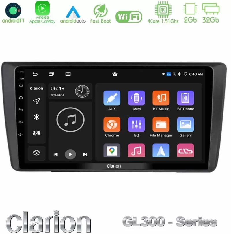 Clarion GL300 Series Skoda Octavia 2004-2012 4Core Android11 2+32GB Navigation Multimedia Tablet 9″ Με Carplay & Android Auto U-GL3-SK1914