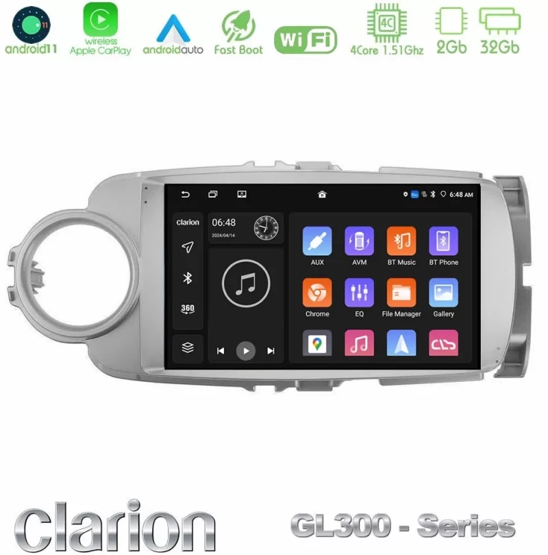 Clarion GL300 Series 4Core Android11 2+32GB Toyota Yaris Navigation Multimedia Tablet 9" Με Carplay & Android Auto U-GL3-TY1777
