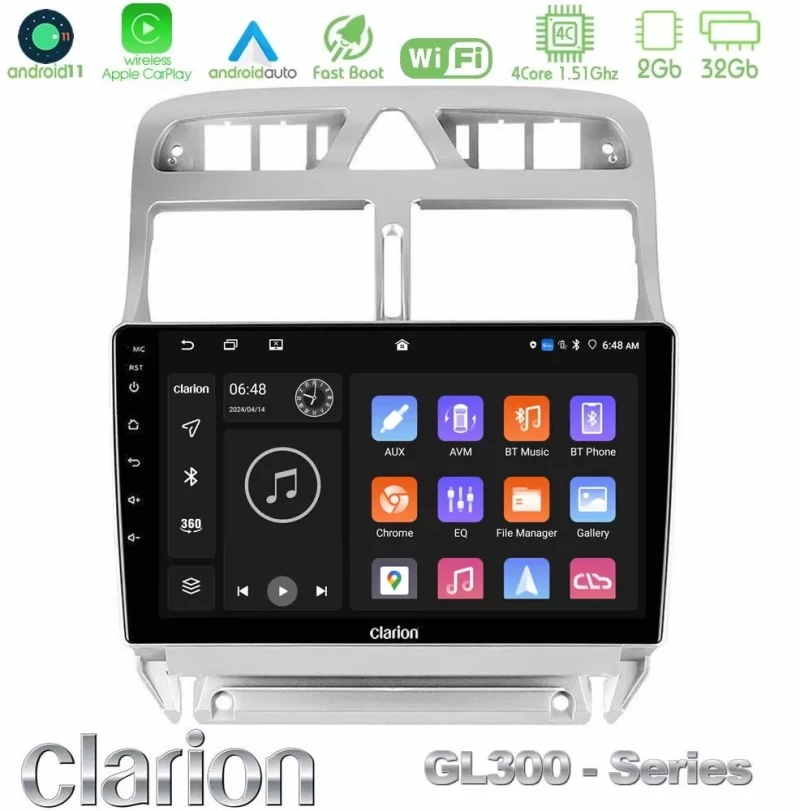 Clarion GL300 Series 4Core Android11 2+32GB Peugeot 307 2002-2008 Navigation Multimedia Tablet 9" Με Carplay & Android Auto U-GL3-PG0655