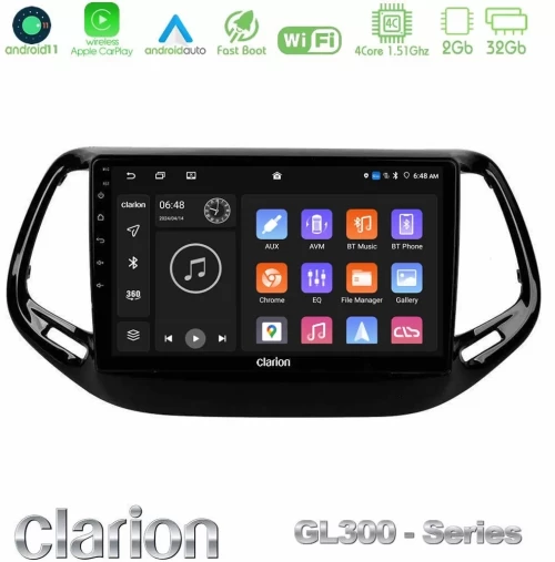 Clarion GL300 Series 4Core Android11 2+32GB Jeep Compass 2017 Navigation Multimedia Tablet 10" Με Carplay & Android Auto U-GL3-JP0143