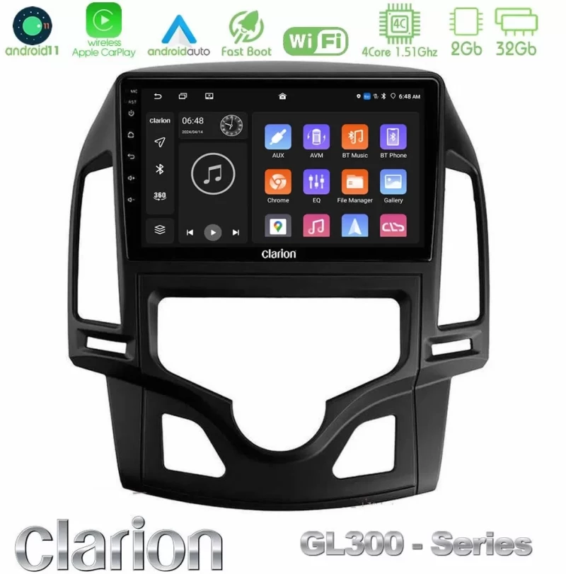 Clarion GL300 Series 4Core Android11 2+32GB Hyundai i30 2007-2012 Auto A/C Navigation Multimedia Tablet 9" Με Carplay & Android  U-GL3-HY0800