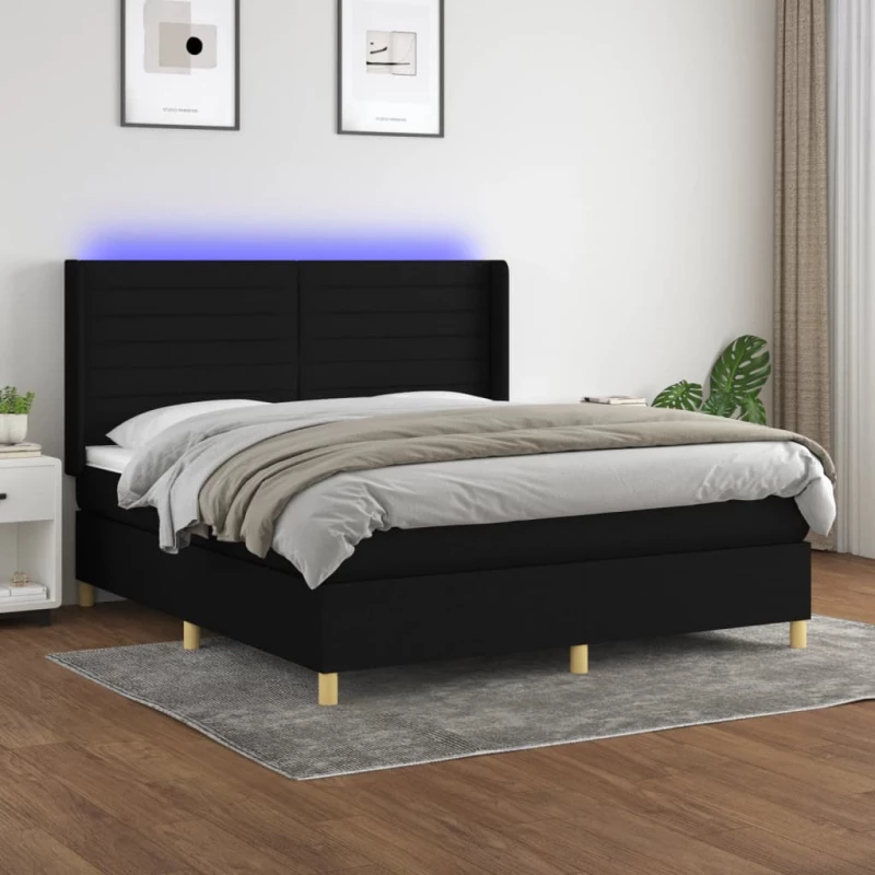 Κρεβάτι Boxspring με Στρώμα & LED Μαύρο 160x200 εκ. Υφασμάτινο Μαύρο 3138967
