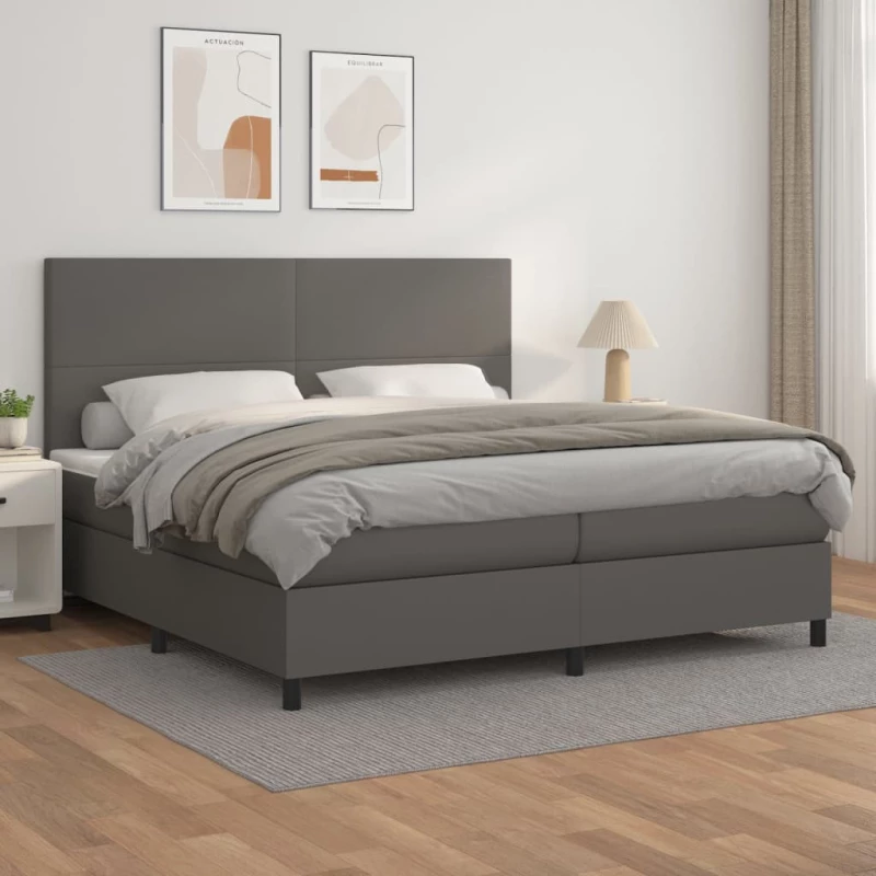 Κρεβάτι Boxspring με Στρώμα Γκρι 200x200 εκ. Συνθετικό Δέρμα Γκρι 3142747