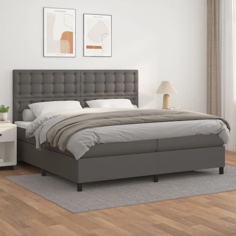 Κρεβάτι Boxspring με Στρώμα Γκρι 200x200 εκ. Συνθετικό Δέρμα Γκρι 3142867