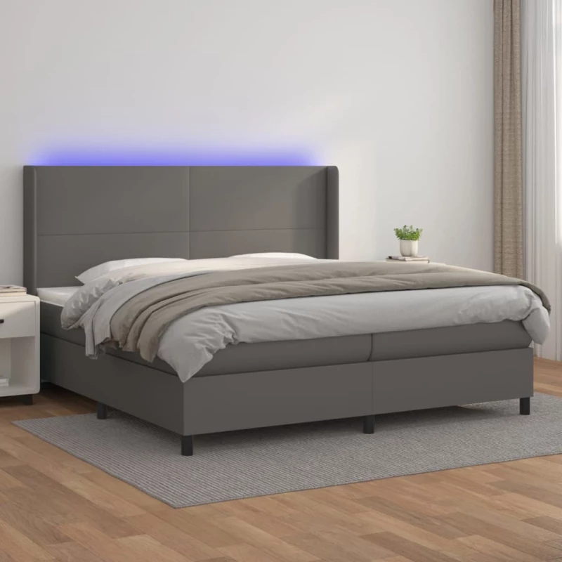 Κρεβάτι Boxspring με Στρώμα & LED Γκρι 200x200 εκ. Συνθ. Δέρμα Γκρι 3139287