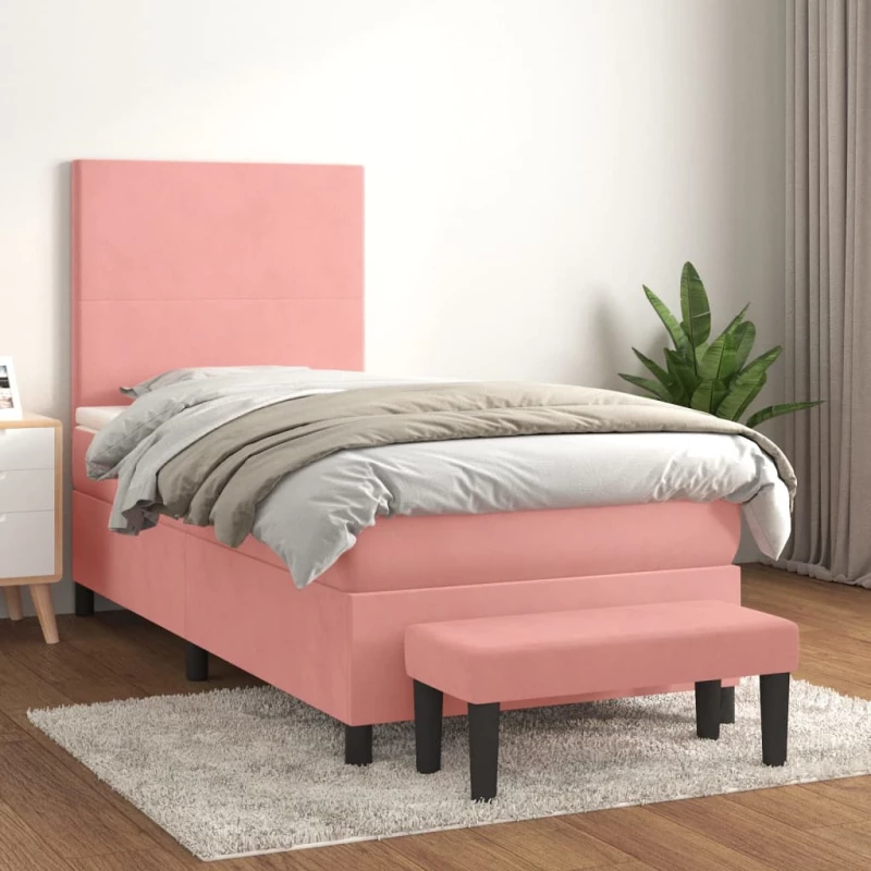 Κρεβάτι Boxspring με Στρώμα Ροζ 90x190 εκ. Βελούδινο Ροζ 3137700