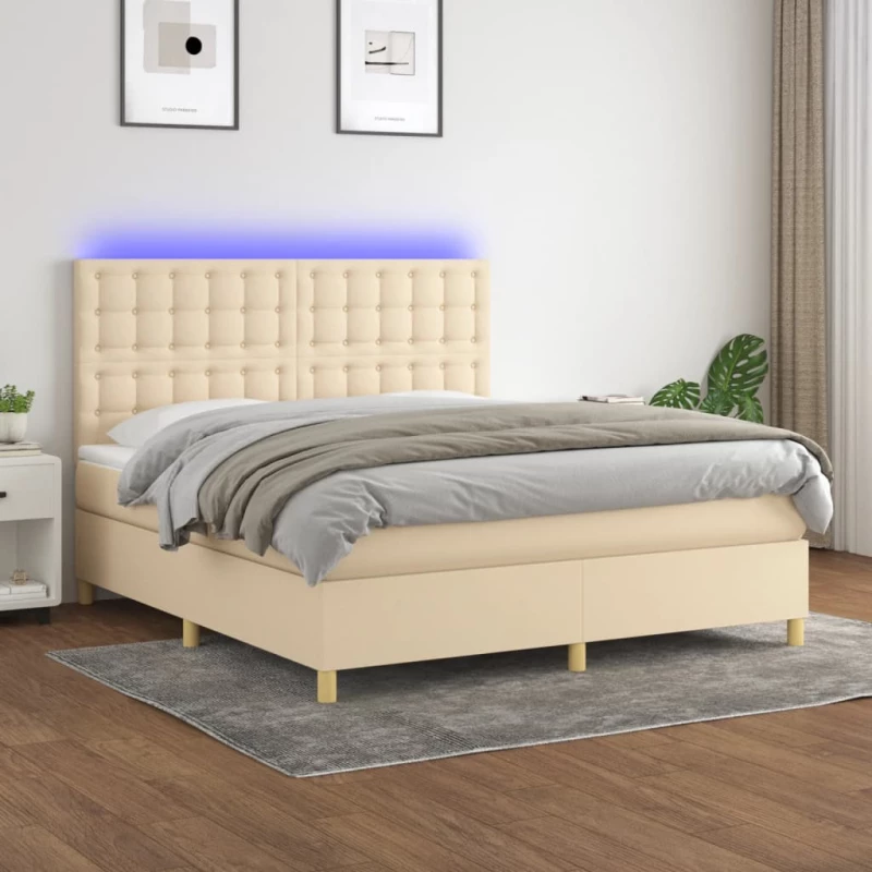 Κρεβάτι Boxspring με Στρώμα & LED Κρεμ 160x200 εκ. Υφασμάτινο Κρεμ 3135770