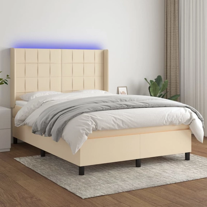 Κρεβάτι Boxspring με Στρώμα & LED Κρεμ 140x190 εκ. Υφασμάτινο Κρεμ 3138314